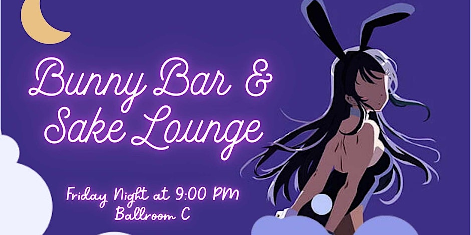 Bunny Bar & Sake Lounge promo image - purple background with a woman in a bunny suit and ears with the title of the event to the side