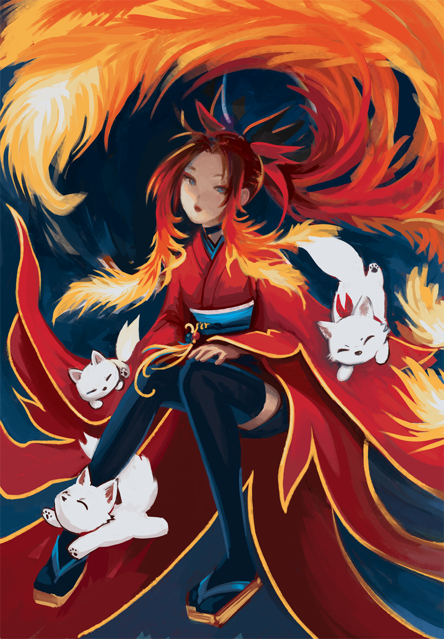 Tomo the Human Phoenix with several Inari playing around her feet and in her hair