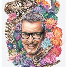 Art of Jeff Goldblum, flowers, and a dinosaur skull