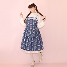 This dress is a blue and white dress with bouquets and wreaths of flowers.